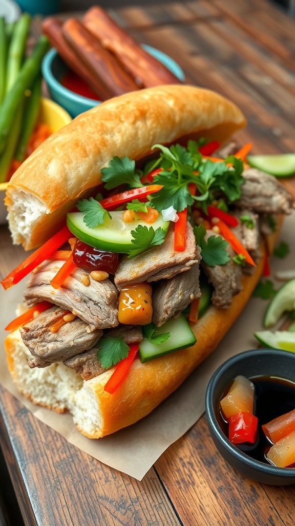A classic Banh Mi sandwich with marinated pork, cucumber, pickled carrots and daikon, garnished with cilantro, on a rustic table with soy sauce.